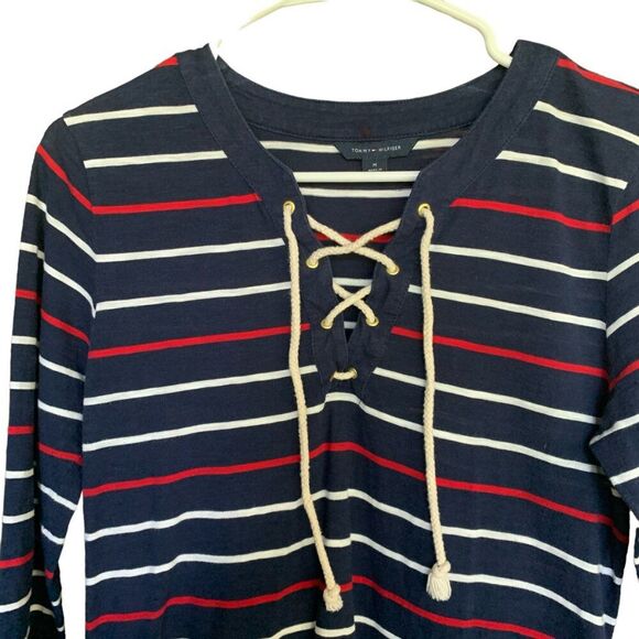 Tommy Hilfiger Jersey Womens M Red White Striped 3/4 Sleeve Tie Front Shirt - Picture 1 of 10